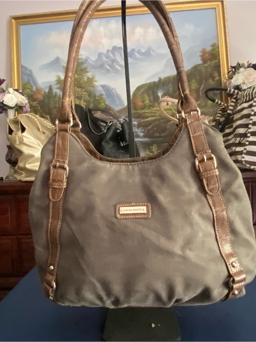 VTG ‘90’s Laura Scott Slouchy Grey Suede Shoulder Bag with Brown Mockcroc Trim